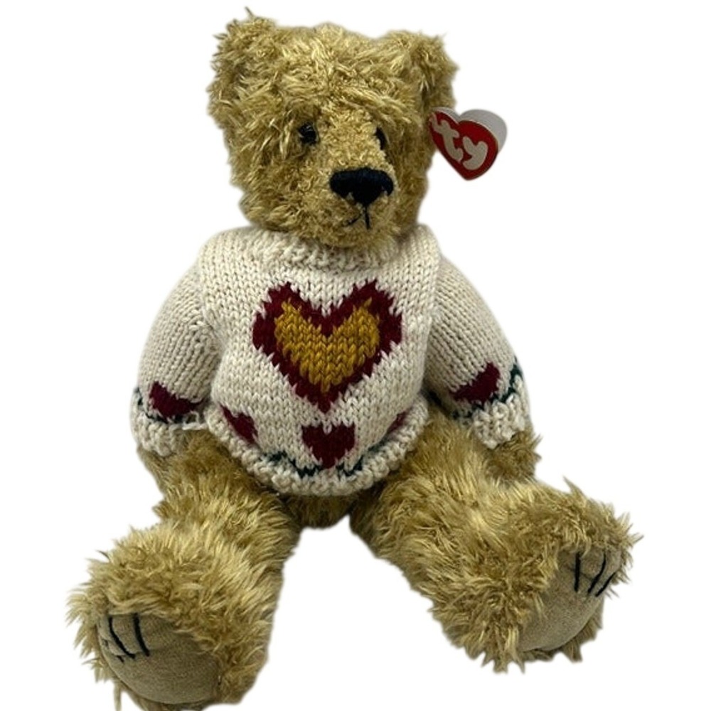 Ty Attic Treasures Heartley Bear Plush Tan Teddy Bear Heart Sweater with Tags